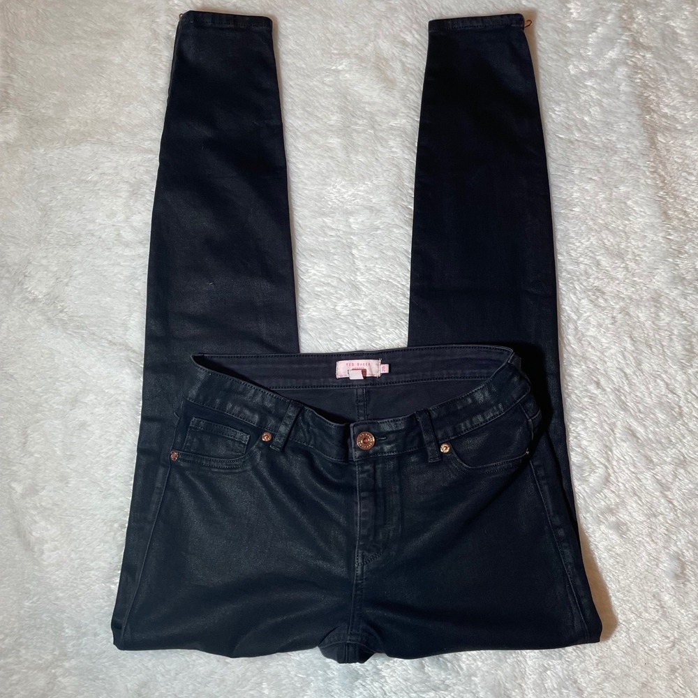 Ted Baker London Sew in Love Black Coated Skinny‎ Jeans Rose Gold Zip Ankle 28